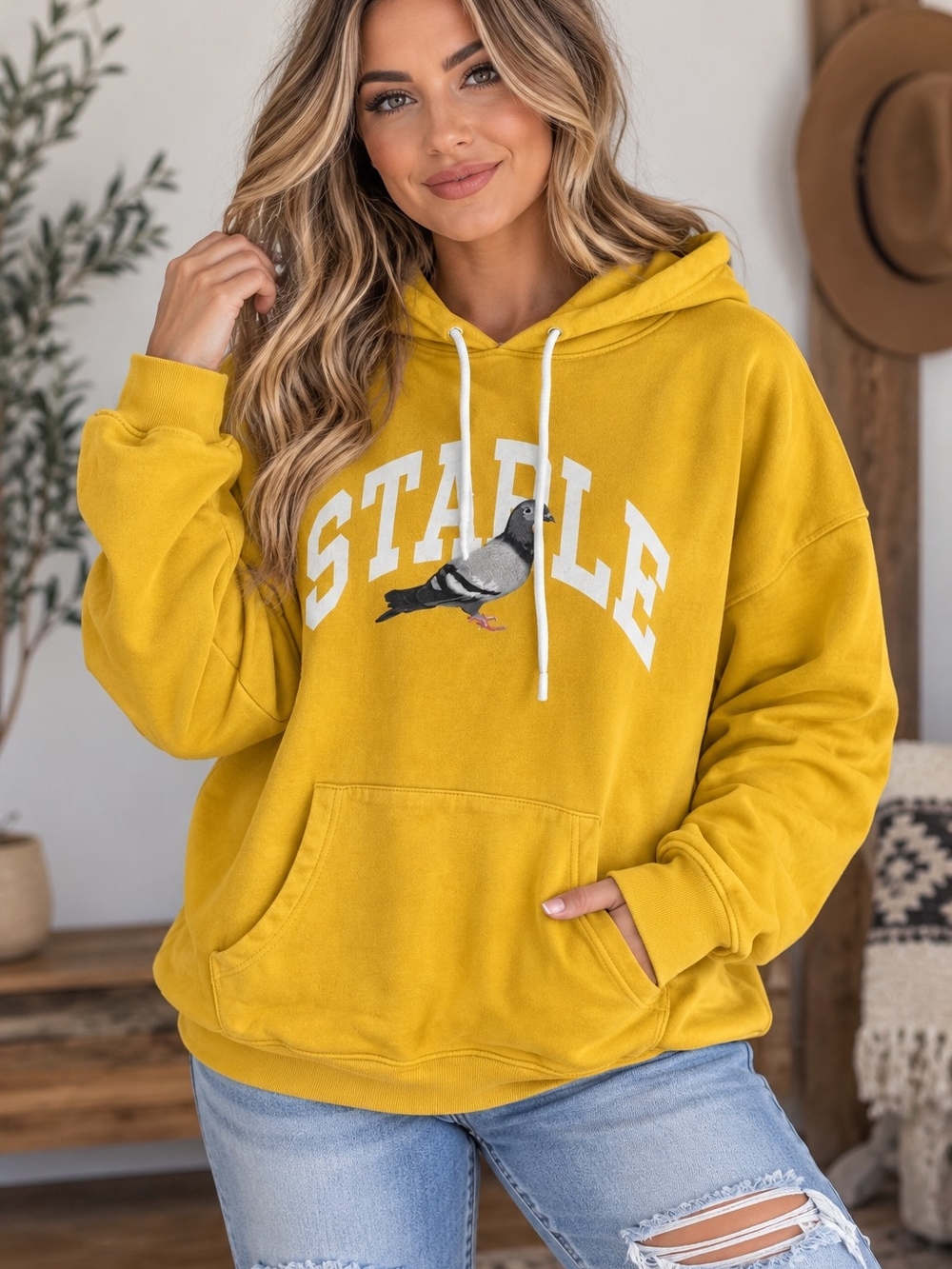 Staple Mustard Yellow Graphic Hoodie with Pigeon Emblem